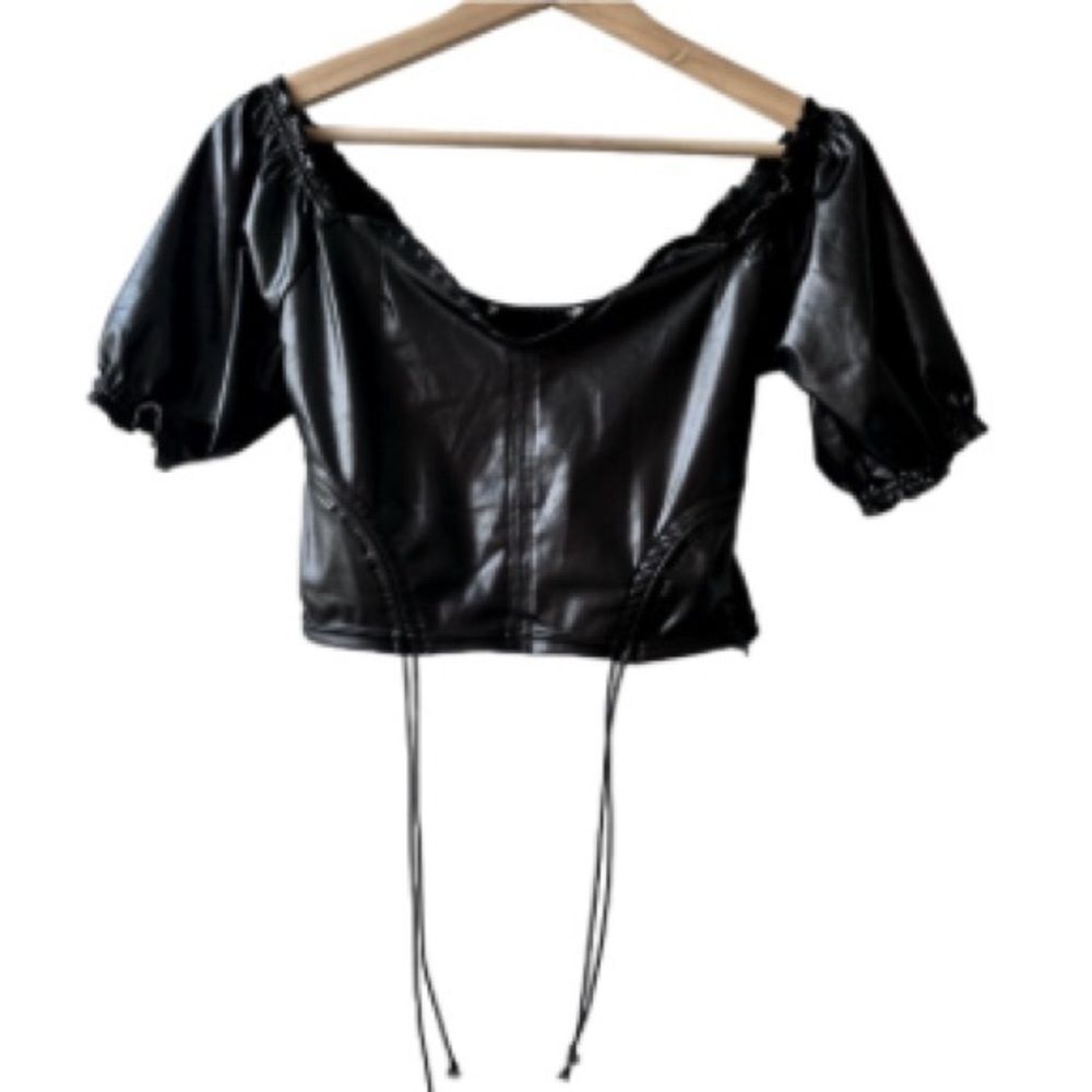 Black Faux Leather Peasant Crop Top XS Small Whimsigoth Witch Festival Halloween